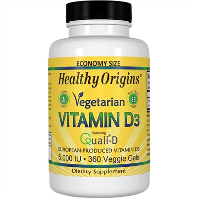 Healthy Origins, Вегетарианский витамин D3, 5000 ЕД, 360 гелей