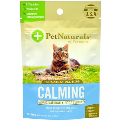 Pet Naturals of Vermont, Успокаивающее средство для кошек, 30 жевательных таблеток, 1,59 унции (45 г)