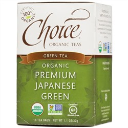 Choice Organic Teas, Органический, зеленый чай, премиальный японский зеленый, 16 чайных пакетиков, 1,1 унции (32 г)