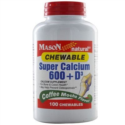 Mason Naturals, Супер кальций 600 + D3, жевательные таблетки, со вкусом кофе мокко, 100 жевательных таблеток