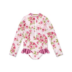 Millie Loves Lily | Light Pink Floral Sweet Ruffle-Accent UPF 50+ One-Piece Rashguard - Infant, Toddler & Girls