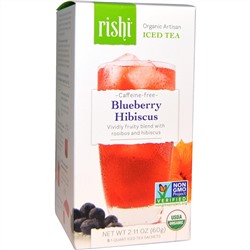 Rishi Tea, Холодный органический артизанский чай без кофеина, голубика и гибискус, 5 1-квартовых пакетиков, 60 г (2,11 унции)