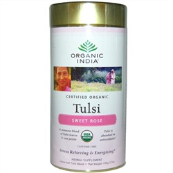 Organic India, Листовой чай туласи, сладкая роза, без кофеина, 3,5 унции (100 г)