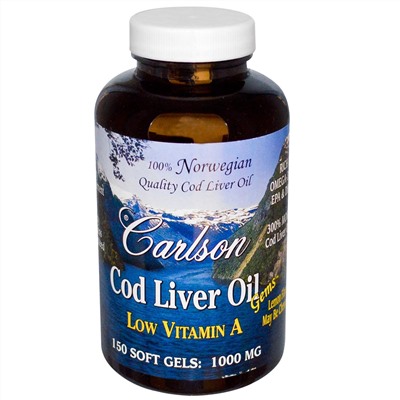 Carlson Labs, Cod Liver Oil Gems, Low Vitamin A, Natural Lemon Flavor, 1,000 mg, 150 Soft Gels