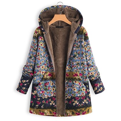 Danqi | Blue Floral Pocket Zip-Up Hooded Jacket - Women Размер S