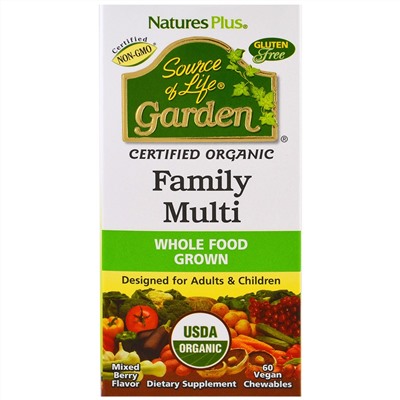 Nature's Plus, Source of Life, органическая семья мульти, смесь ягодных ароматов, 60 жевательных растительных конфет