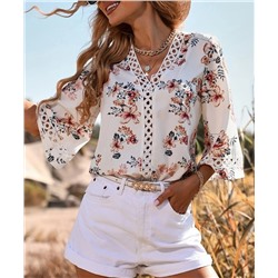 Floral Blooming | White & Pink Floral Lace-Detail Three-Quarter Sleeve Top - Women