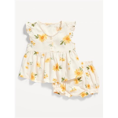 Printed Poplin Flutter-Sleeve Top & Bloomer Shorts Set for Baby