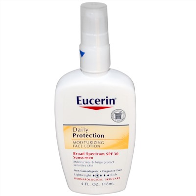 Eucerin, Увлажняющий лосьон для лица, ежедневная защита, защита от солнца SPF 30, без запаха, 4 жидкие унции (118 мл)