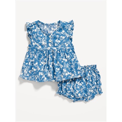 Printed Poplin Flutter-Sleeve Top & Bloomer Shorts Set for Baby