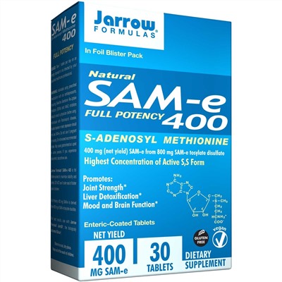 Jarrow Formulas, Природный  SAM-e (S-Adenosyl-L-Methionine) 400, 400 мг, 30 таблеток м энтеросолюбильным покрытием