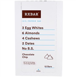 RXBAR, Протеиновые батончики, Шоколадные кусочки, 12 батончиков, 1,83 унции (52 г) каждый