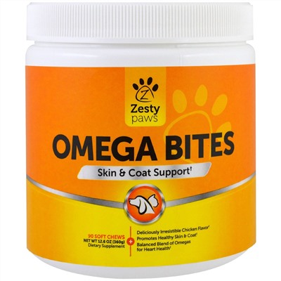 Zesty Paws, Omega Bites, For Pets, Skin & Coat Support, Chicken Flavor, 90 Soft Chews