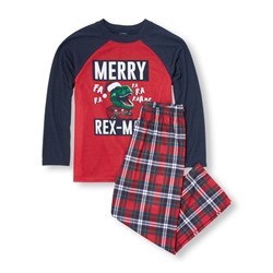 Boys Long Raglan Sleeve 'Merry Rex-Mas' Top And Plaid Pants PJ Set