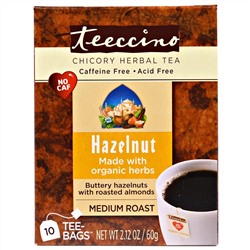 Teeccino, Травяной кофейный напиток, средней степени обжарки, без кофеина, фундук, 10 Т-пакетиков, 2,12 унции (60 г)