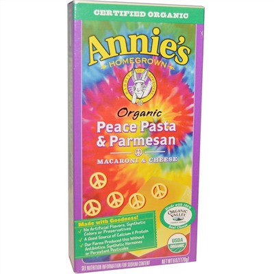 Annie's Homegrown, Органические макароны с сыром, Паста с пармезаном Peace, 6 унций (170 г)