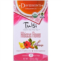 Davidson's Tea, Тулси, Органический, Цветочный чай с гибискусом, Без кофеина, 25 чайных пакетиков, 1,58 унции (45 г)