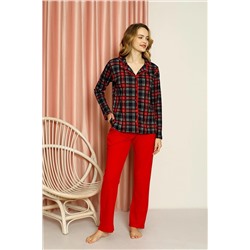 AHENGİM Kadın Pijama Takımı Ekose Boydan Düğmeli Üst Desenli Altı Düz Pamuklu Mevsimlik W20502277 1-2-10001221