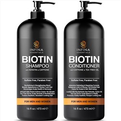 INFINA ESSENTIALS Biotin Shampoo and Conditioner Set for Hair Growth with Caffeine, Keratin, Tea Tree & Castor Oil - Sulfate & Paraben Free - Perfect Daily Hair Care for Men & Women - 16 fl oz each
