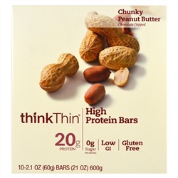 ThinkThin, Батончики с высоким содержанием белка, комковатое арахисовое масло, 10 батончиков, по 21 унции (60 г) каждый