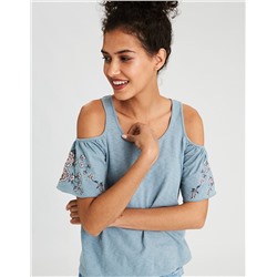 AE EMBROIDERED COLD SHOULDER T-SHIRT