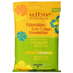 Alba Botanica, Гавайские влажные салфетки для очистки 3-в-1, ананасовый энзим, 10 влажных салфеток