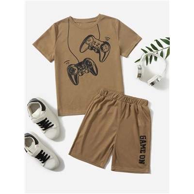 SHEIN Jungen T-Shirt Mit Gamepad Muster & Shorts Mit Buchstaben Grafik