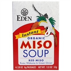 Eden Foods, Растворимый органический суп мисо, красный мисо, кузу, вакамэ и зеленый лук, 4 пакета, по 0,28 унции (8 г) каждый