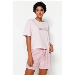 TRENDYOLMİLLA Pudra Çizgili Slogan Baskılı Pamuklu T-shirt-Şort Geniş Kalıp Örme Pijama Takımı THMSS23PT00228