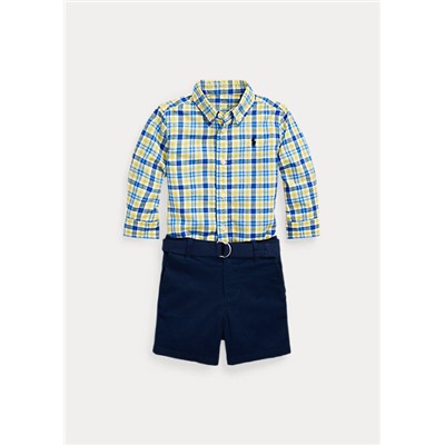 Baby Boy Plaid Shirt, Belt & Short Set