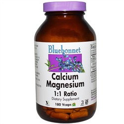 Bluebonnet Nutrition, Кальций и магний, в соотношении 1:1, 180 капсул на растительной основе