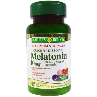 Nature's Bounty, Мелатонин, быстрорастворимый, натуральный вишневый вкус, 10 мг, 45 быстрорастворимых таблеток