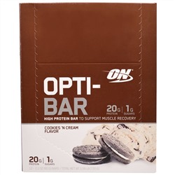 Optimum Nutrition, Высокопротеиновый Батончик Opti-Bar, Вкус Печенья с Кремом, 12 батончиков, по 2,1 унции ( 60г) каждый