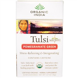 Organic India, Чай тулси - священный базилик, зеленый гранат, 18 пакетиков для заваривания, 1,27 унции (36 г)
