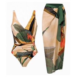 Doris | Green Leaf Ruched One-Piece & Skirt Cover-Up - Women