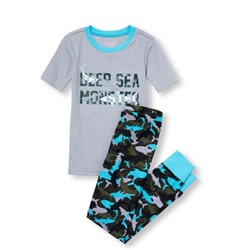 Boys Short Sleeve 'Deep Sea Monster' Glow-in-the-Dark Top And Shark Camo Printed Pants PJ Set