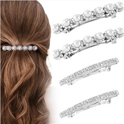 HINZIC 4Pcs Rhinestone Bling Hair Clip, Silver Crystal Flower Hair Barrettes, Pearl French Metal Wedding Hair Accessories Ponytail Holder Large Hairpins for Women Girls Prom Party