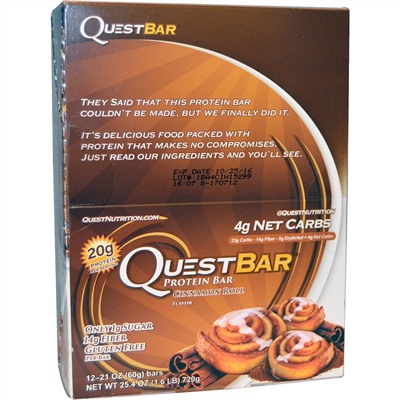 Quest Nutrition, QuestBar, протеиновый батончик, коричный ролл, 12 батончиков, 2,1 унции (60 г) каждый