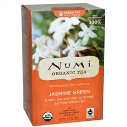 Numi Tea, Органический зеленый чай, среднее содержание кофеина, жасмин, 18 чайных пакетиков, 1,27 унции (36 г)