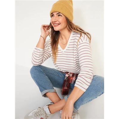 Oversized Cozy-Knit Long-Sleeve Striped T-Shirt for Women
