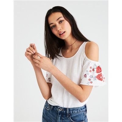 AE EMBROIDERED COLD SHOULDER T-SHIRT