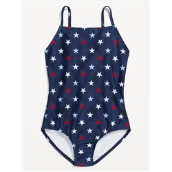 Printed Square-Neck Lattice-Back One-Piece Swimsuit for Girls
