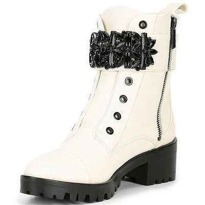 KARL LAGERFELD PARIS Pippa Jeweled Strap Leather Lug Sole Combat Booties