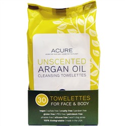 Acure Organics, Очищающие влажные салфетки для лица и тела, без запаха, 30 влажных салфеток