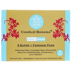 Charlie Banana, Super + Feminine Pads, White, 3 Pads + 1 Tote Bag