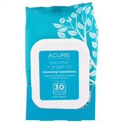 Acure Organics, Очищающие Влажные Салфетки, Кокосовое + Аргановое Масло, 30 Салфеток