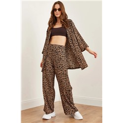 Olalook, Kadın Camel Siyah Üst Ceket Alt Palazzo Leopar Takım TKM-19000310