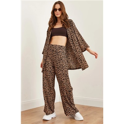 Olalook, Kadın Camel Siyah Üst Ceket Alt Palazzo Leopar Takım TKM-19000310