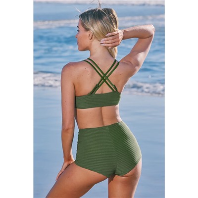 Olive Plunging Bikini Bralette & Retro Bottoms Set