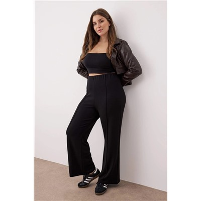 Siyah Nervür Detaylı Straight Fit Boru Paça Büyük Beden Örme Pantolon TBBAW26AJ00005